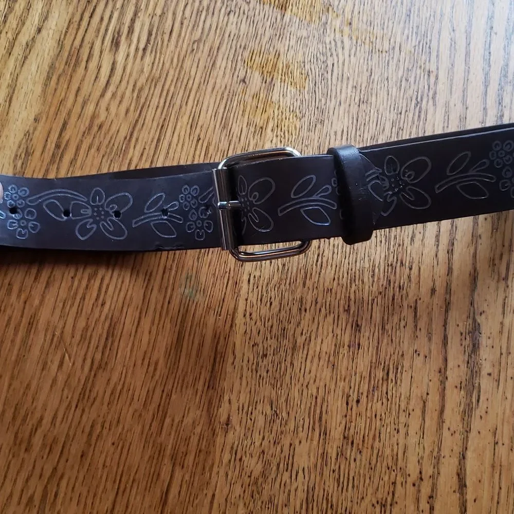 Girls Brown Leather Belt Purple Floral Pattern Medium 30